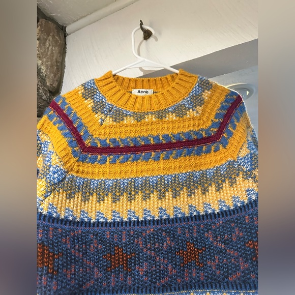 Acne Studios $470 Wool alpaca Yellow Multi-Stripe Jacquard Knit Crewneck Sweater - Picture 12 of 16